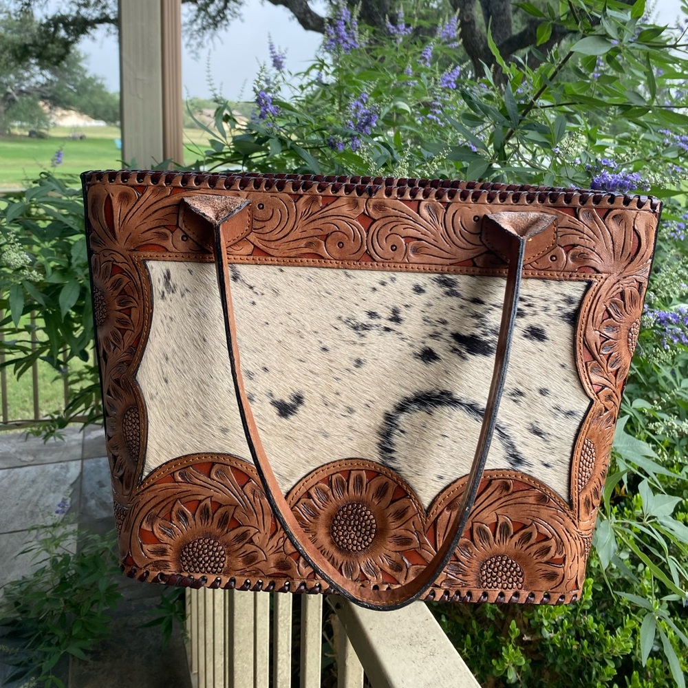 Brown and Cream Leather Tote Bag